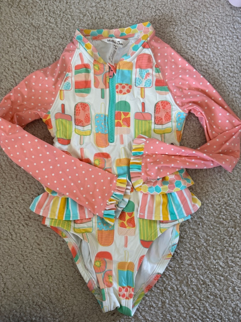 Matilda Jane Coral Polka & Multicolor Popsicle Ruffle Swimsuit Size 4